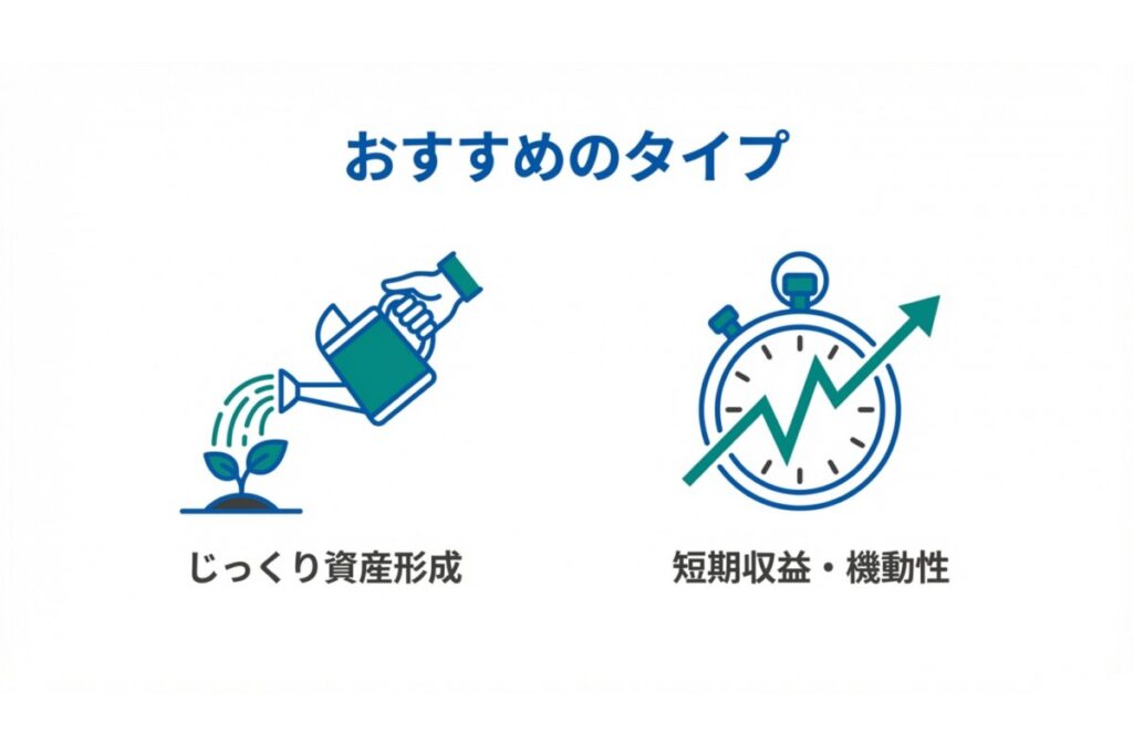 長期資産形成と短期売買を対比した、投資スタイル別の特徴イメージ