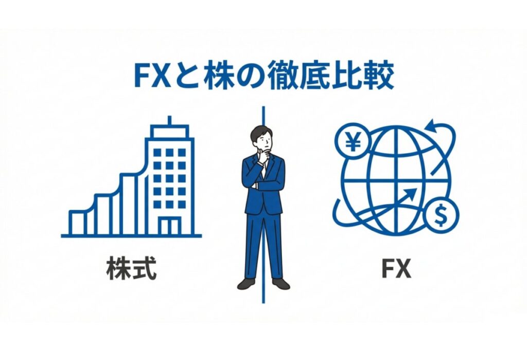 株式市場と為替市場を対比した、投資対象の違いを示すイメージ