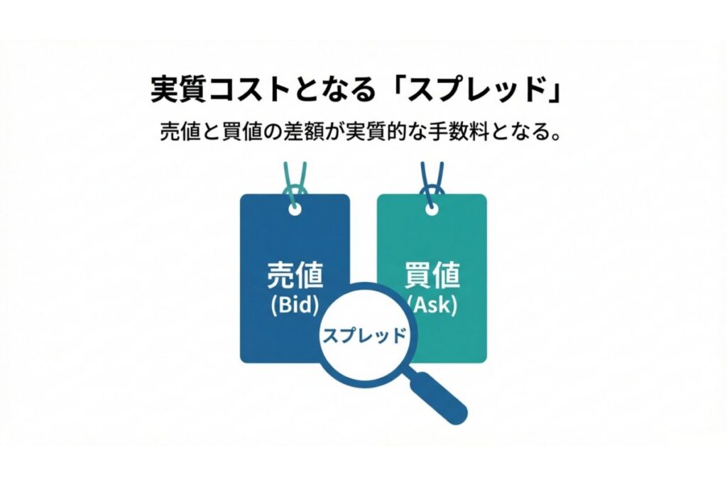 BidとAskの差であるスプレッドが実質コストになる仕組み図