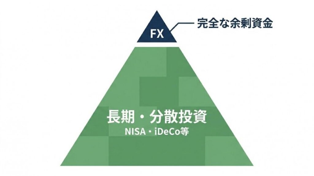 完全な余剰資金のFXとNISA・iDeCo等の長期分散投資を示す図解