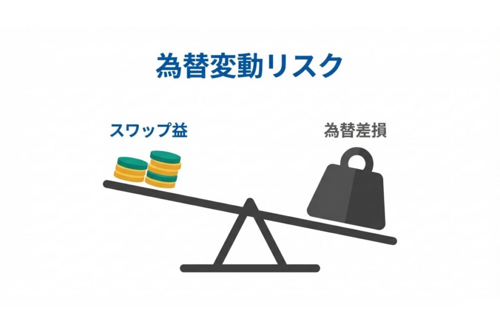 為替差損がスワップ益を上回る可能性を示す為替変動リスクの図解