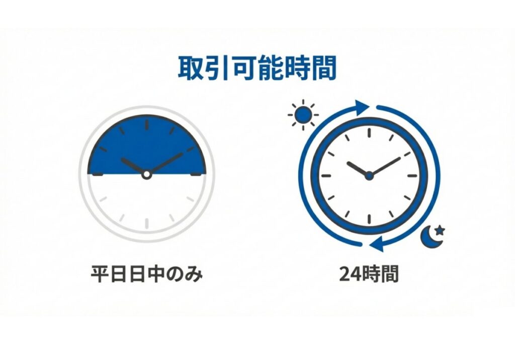 株式の立会時間とFXの24時間取引を比較した取引時間の図解
