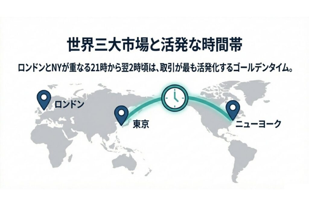 東京・ロンドン・NY市場の重なる時間帯と活発化を示す世界地図図
