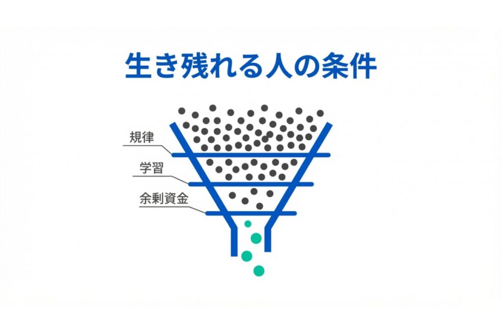 規律・学習・余剰資金の条件を満たすほど生存率が上がる選別構造を示す図解