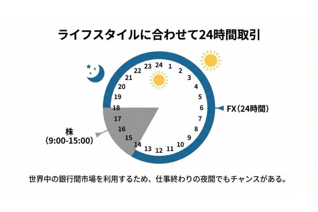 株式市場とFX市場の取引時間を24時間サイクルで示す図