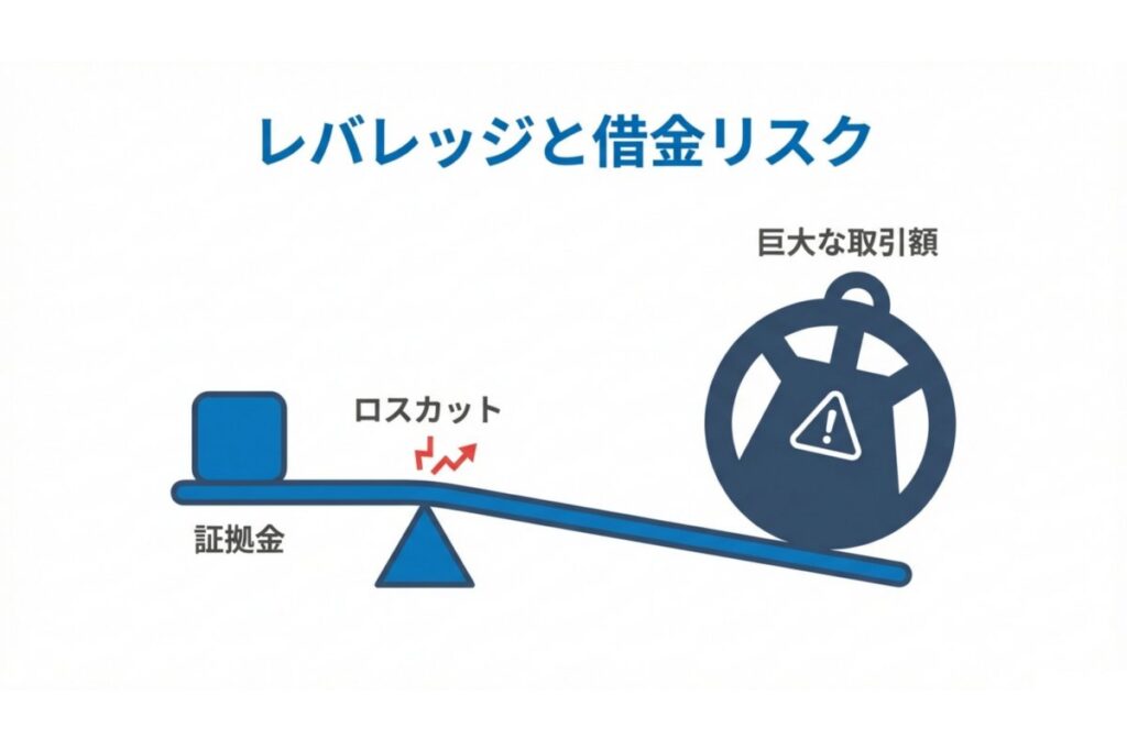証拠金と巨大な取引額の差で不足金が生じ得るレバレッジとロスカットの解説図