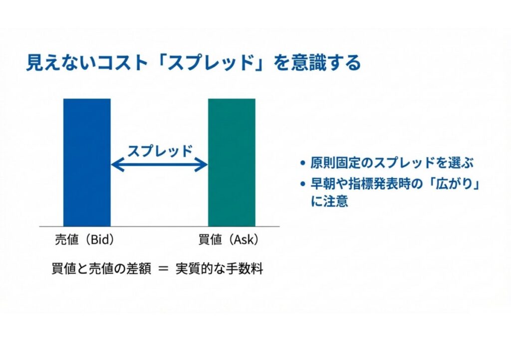 BidとAskの差であるスプレッドを取引コストとして示す図解