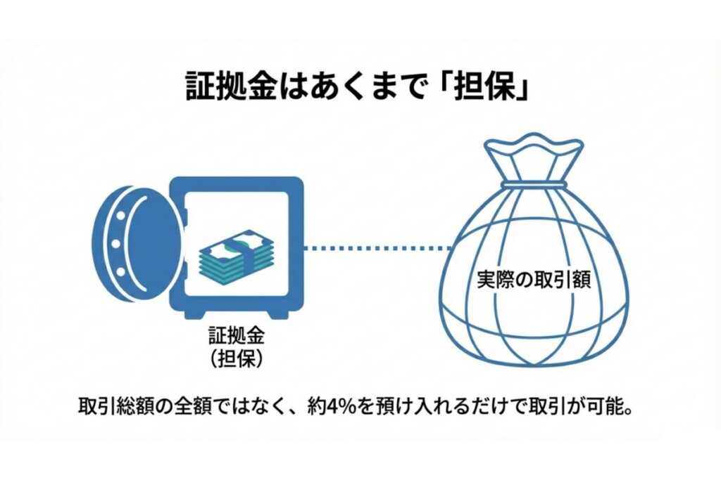 必要証拠金を担保に取引総額へアクセスする差金決済の概念図