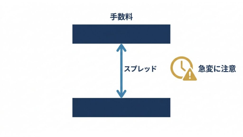 手数料とスプレッドの差額、相場急変時の注意点を示す解説図