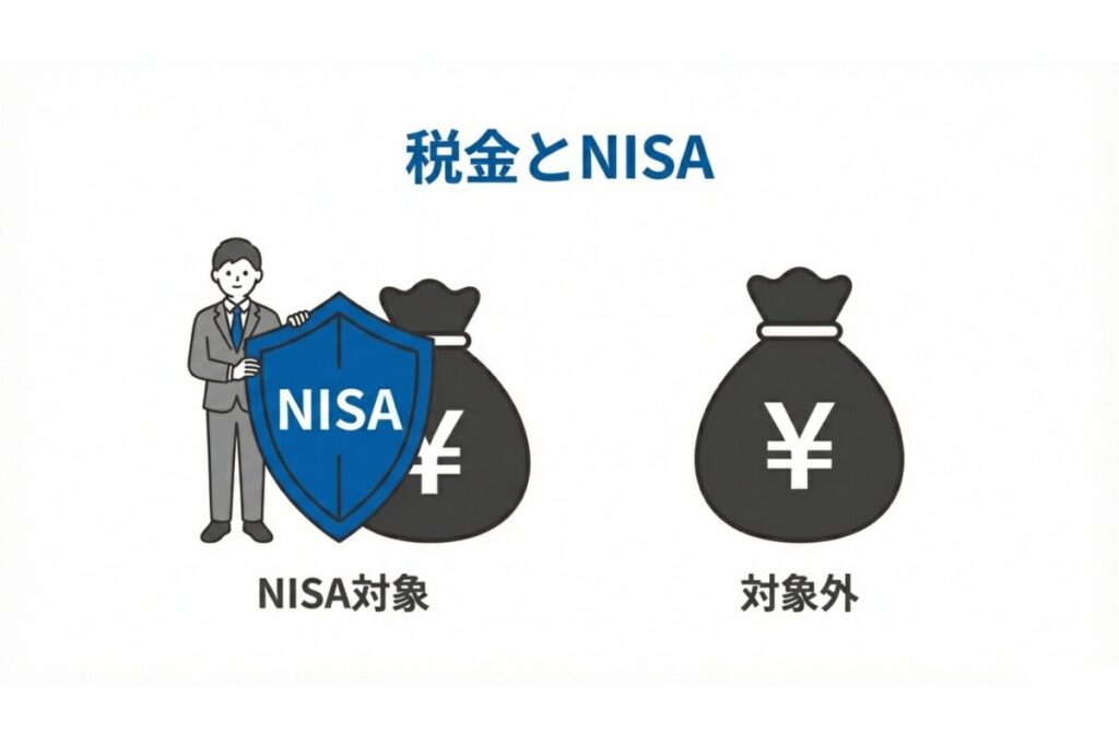 NISA対象商品とFX対象外を示す、非課税制度の適用範囲の解説図