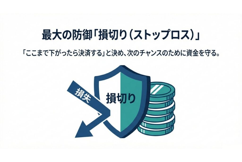 逆指値を用いた損切りストップロスで資金防衛する概念図