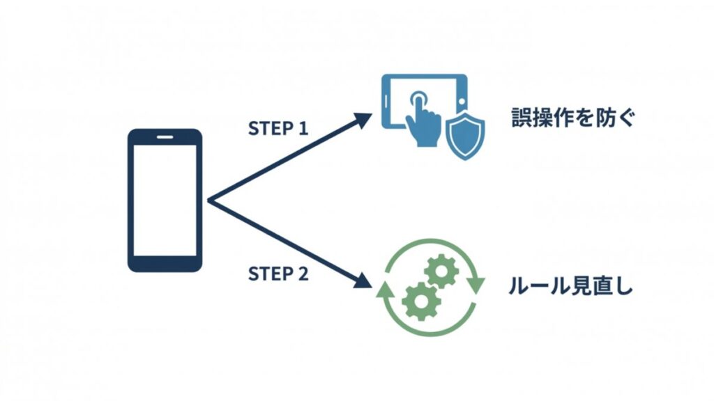 スマホ操作の誤操作防止と取引ルール見直しの流れを示すステップ図