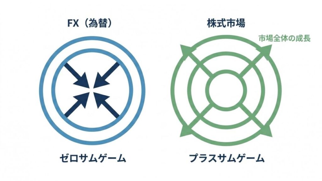 FXのゼロサムゲームと株式市場のプラスサムゲームを比較した図解