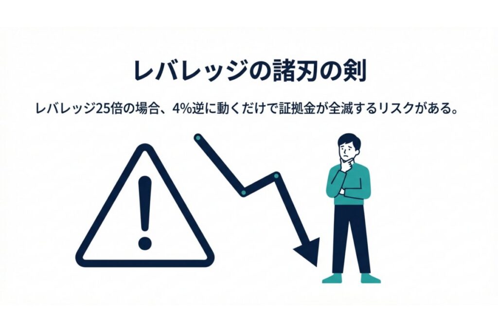 レバレッジ25倍で4%逆行すると証拠金が減少するリスク図
