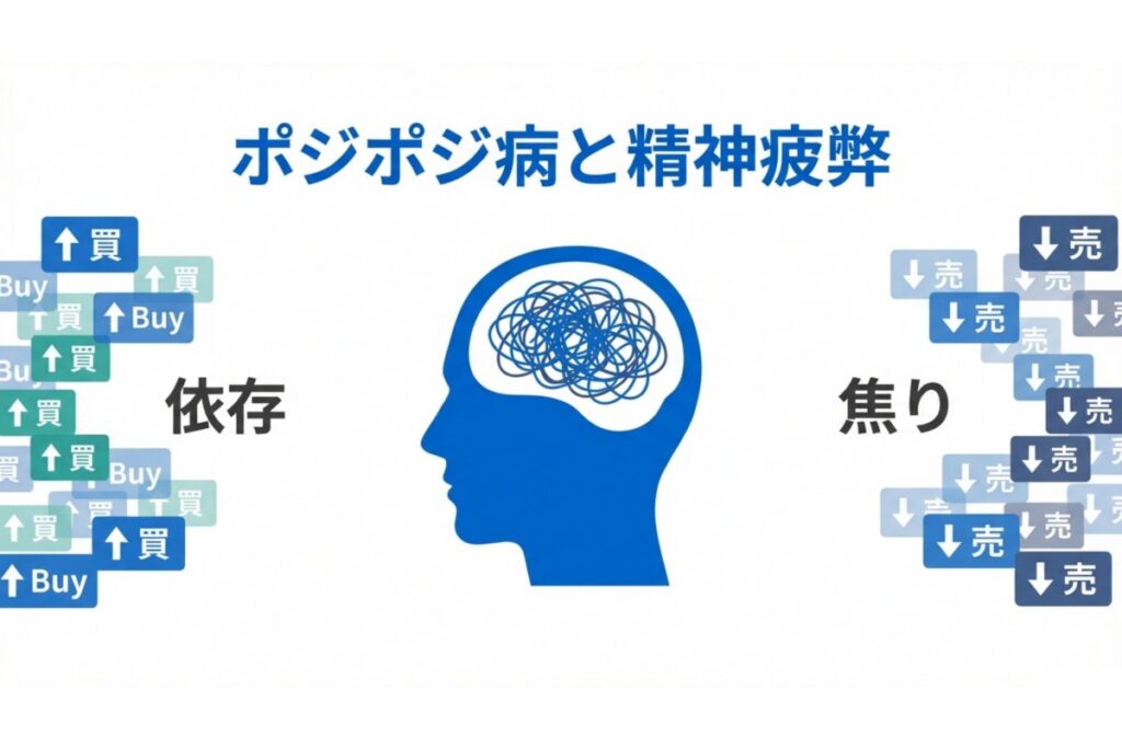 ポジポジ病による売買依存と焦りで判断が乱れる精神疲弊リスクを示すイメージ