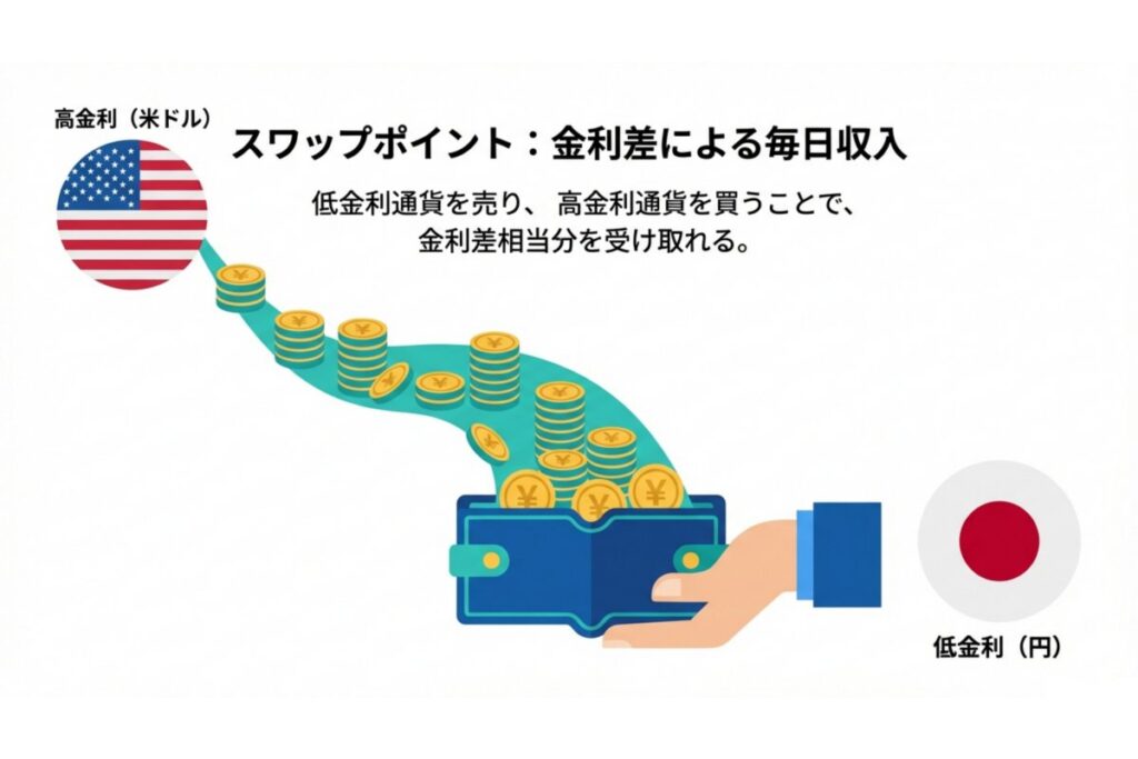 政策金利差に基づくスワップポイント受取の流れを示す図解