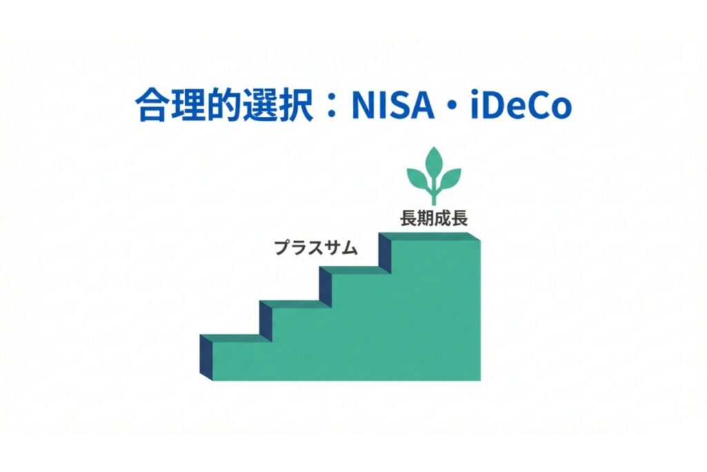 NISA・iDeCoによる非課税メリットと長期成長の資産形成を示すステップ図