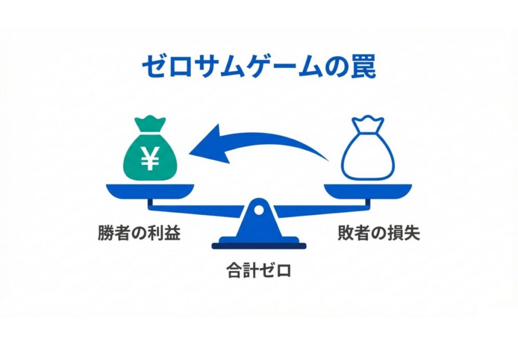 ゼロサム取引で勝者の利益と敗者の損失が相殺される構造を示す図解