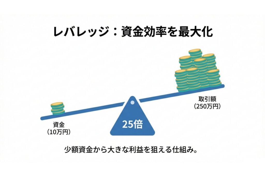 最大レバレッジ25倍で証拠金から取引額が拡大する仕組み図