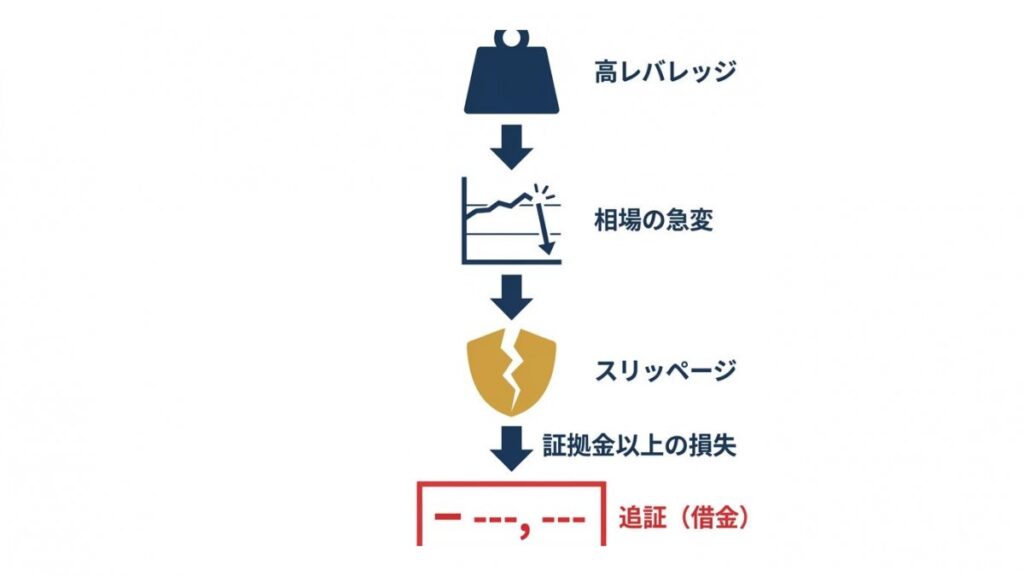高レバレッジと相場急変から追証や借金に至る流れの図解
