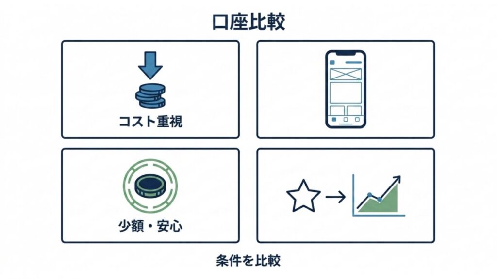 コスト重視、少額・安心、スマホ対応などの口座比較項目を示す図解