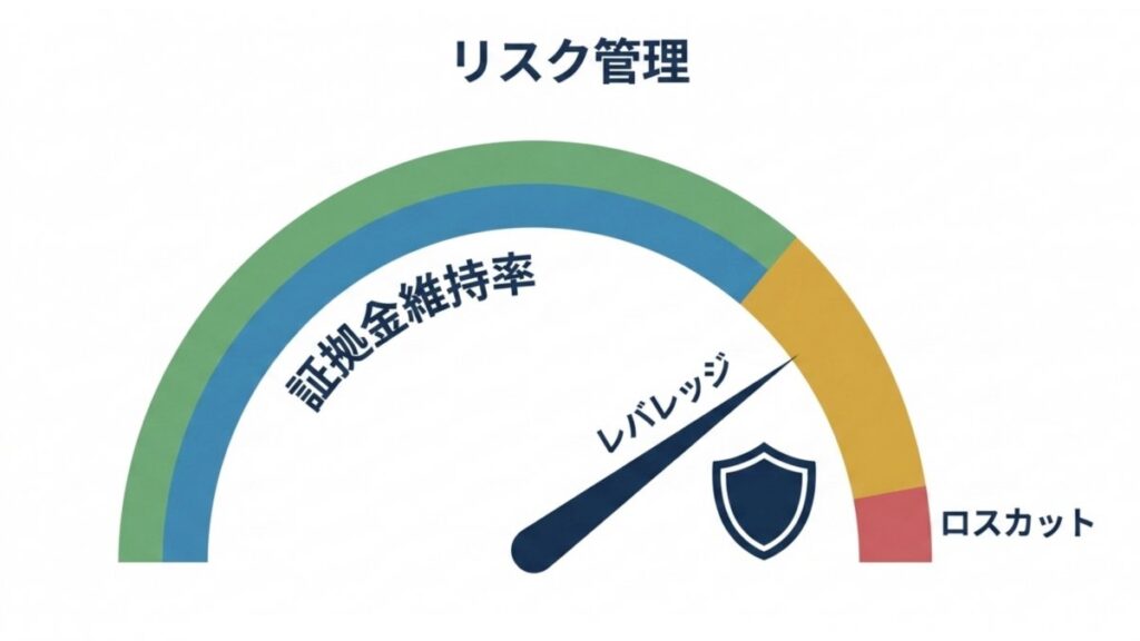 証拠金維持率、レバレッジ、ロスカットの関係を示すリスク管理図