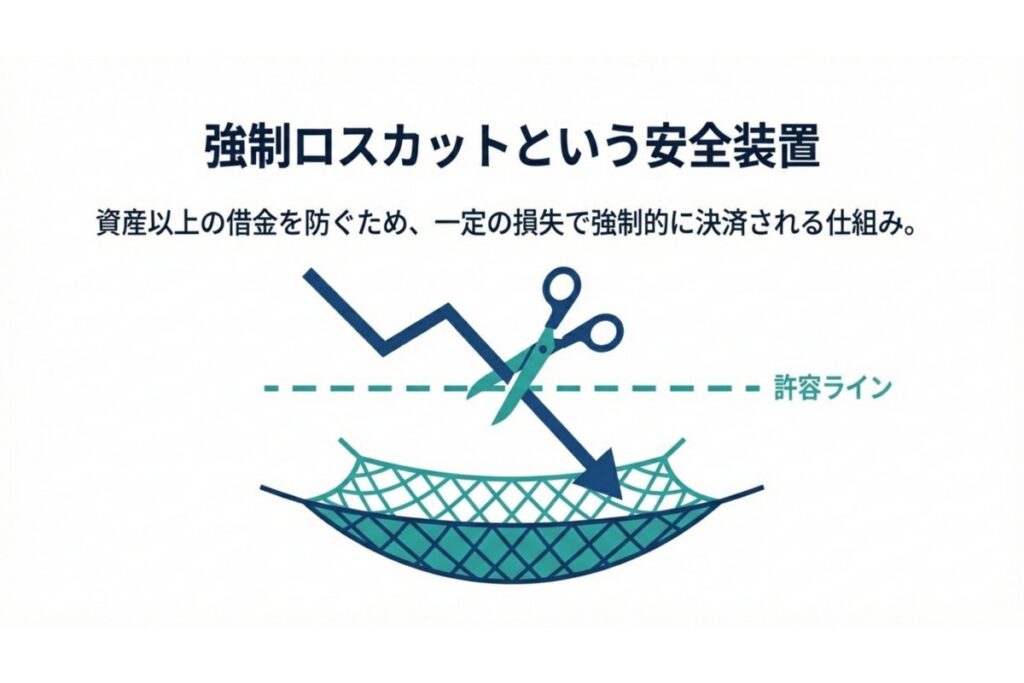 証拠金維持率低下で強制ロスカットが発動する仕組みを示す図
