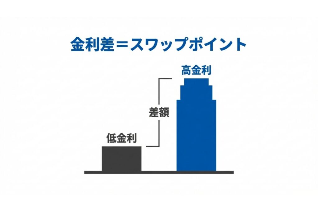 高金利通貨と低金利通貨の金利差がスワップポイントになる図解
