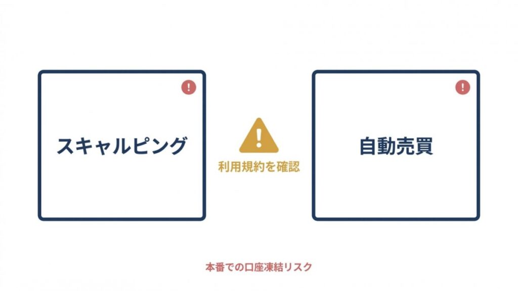 本番口座でのスキャルピングと自動売買の利用規約確認、口座凍結リスクを示す注意図