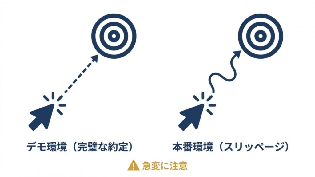 FX注文におけるデモ環境の約定と本番環境のスリッページ差を比較した図解