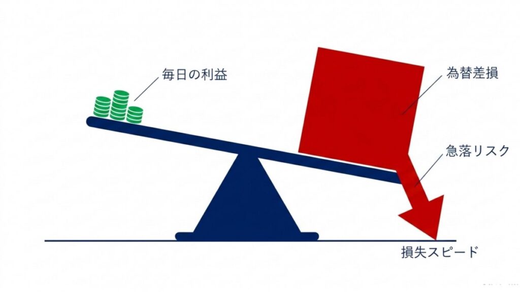 毎日のスワップ利益に対し、為替差損と急落リスクが上回る関係を示す図解