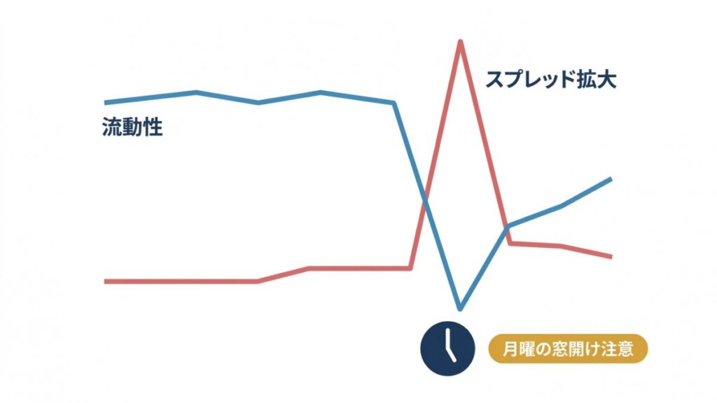 流動性低下とスプレッド拡大の線グラフに月曜の窓開け注意を示す図