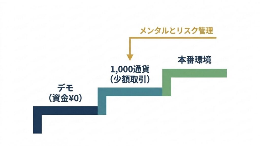 デモ資金ゼロから少額取引、本番環境へ進む段階とリスク管理を階段で示す図解