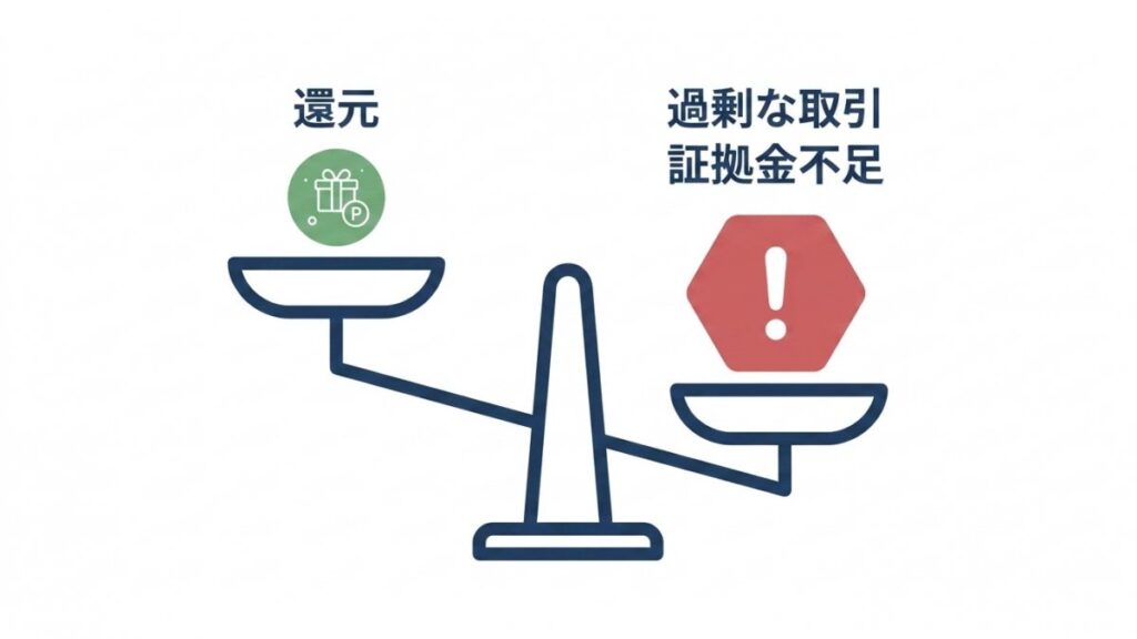 還元と証拠金不足を天秤で並べたキャンペーン利用時の注意点の図解
