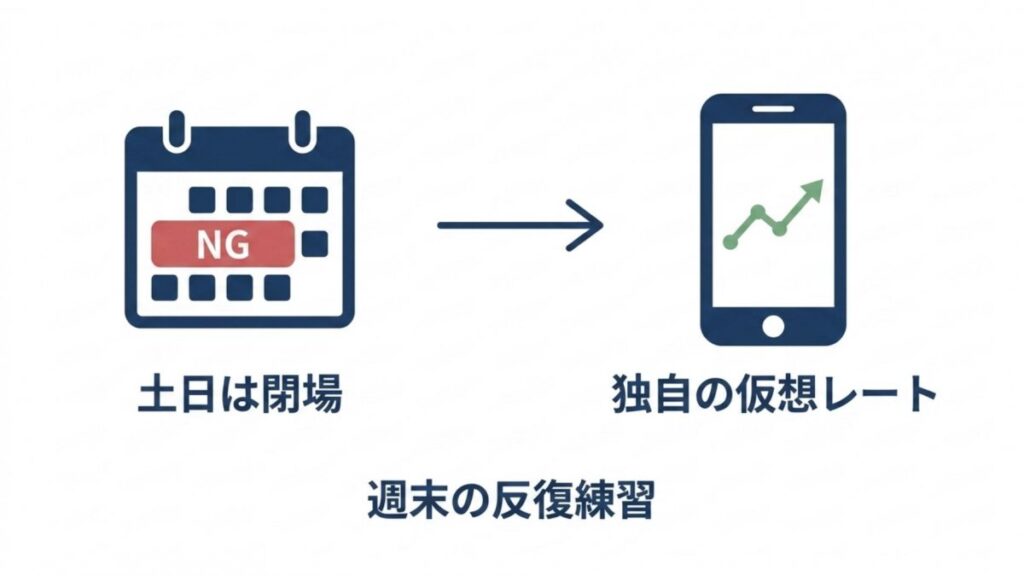 FXデモ取引の土日閉場と独自の仮想レートによる週末の操作練習を示す図解