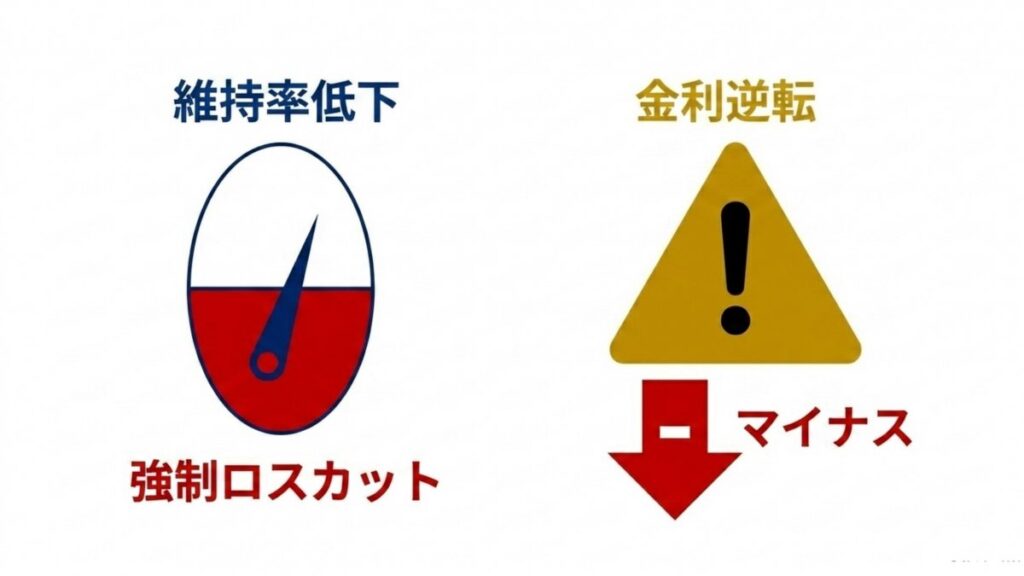 証拠金維持率の低下による強制ロスカットと金利逆転のマイナス化を示す図解