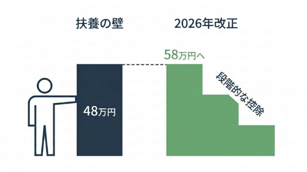 扶養の壁48万円から58万円への変更と段階的な控除を示す税制改正図