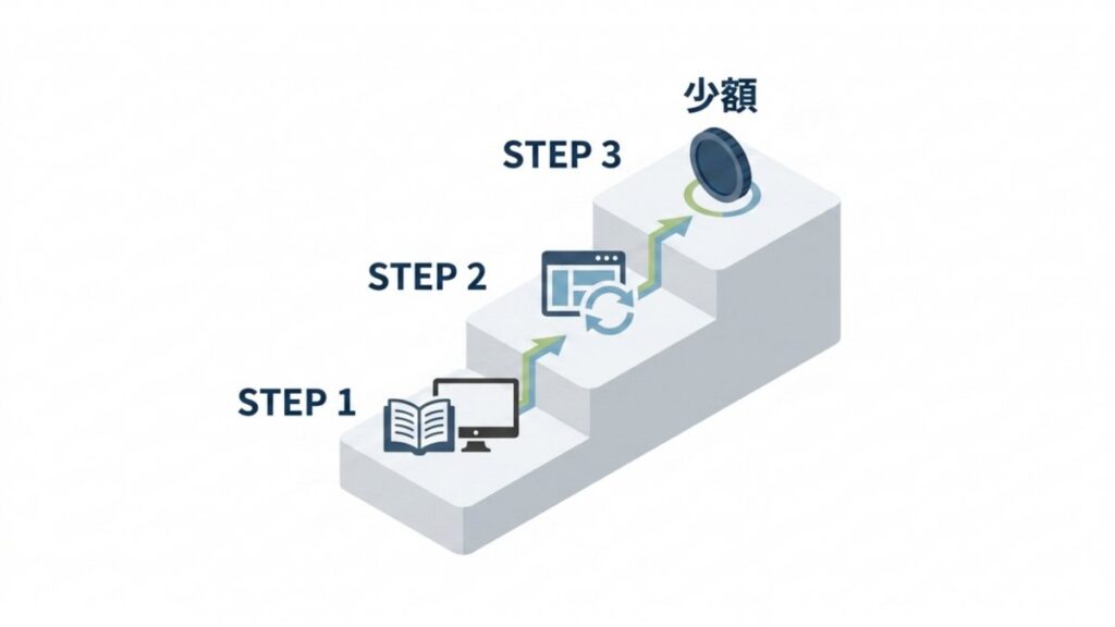 少額運用までの3段階を示す、FX自動売買開始手順のステップ図