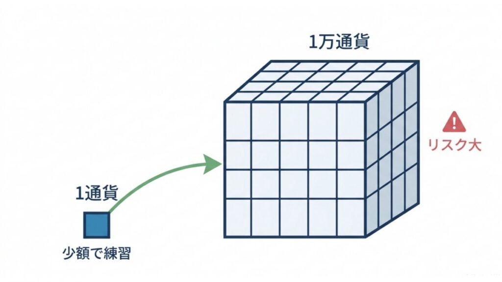 1通貨の少額練習と1万通貨のリスク差を立方体で示す少額FX図解
