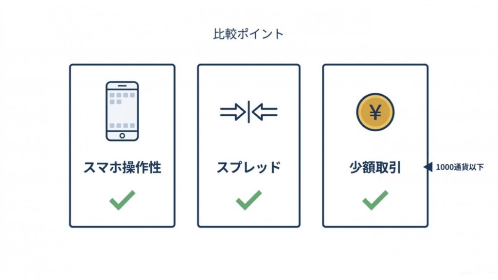 スマホ操作性、スプレッド、1000通貨以下の少額取引を並べたFX口座比較図