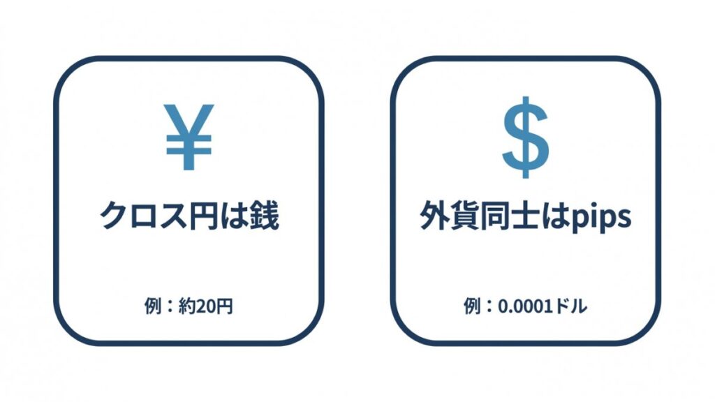円記号とドル記号のカードで、銭とpipsの単位差を示す比較図