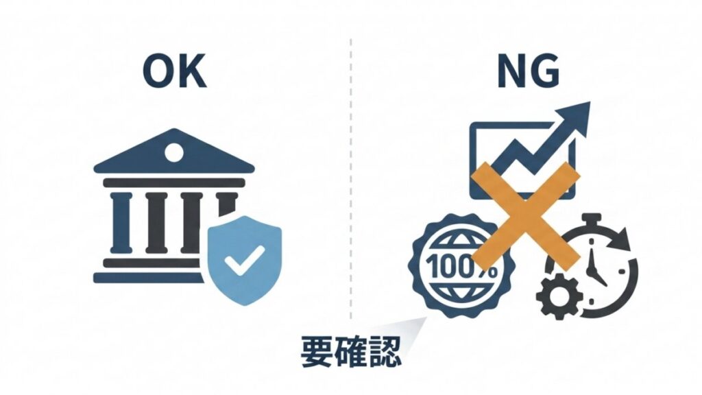 登録業者の確認と勝率100％表示の危険性を対比した注意喚起図