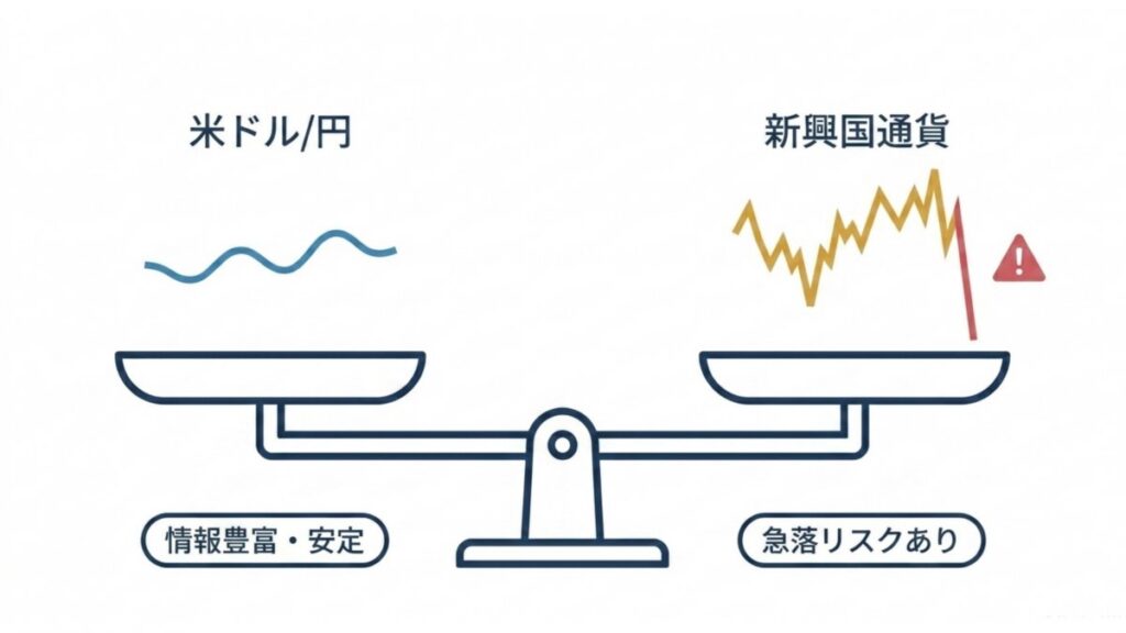 米ドル/円の安定性と新興国通貨の急落リスクを天秤で示す比較図