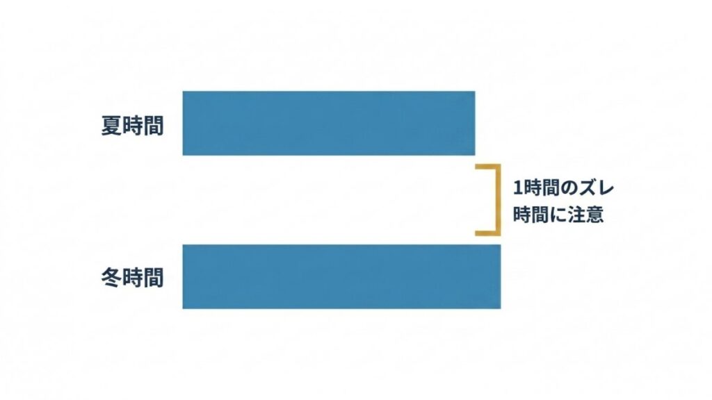 夏時間と冬時間の横棒を並べ、1時間のズレを示す時間枠の図解