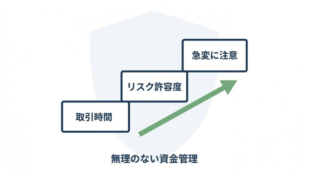 取引時間、リスク許容度、急変注意を階段状に示す資金管理の図解