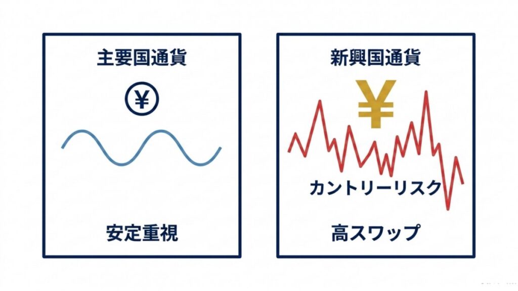 主要国通貨と新興国通貨の安定性、カントリーリスク、高スワップを対比した図解