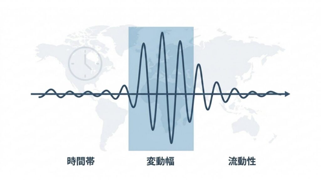 時間帯、変動幅、流動性を背景に相場変動を示す波形チャート図