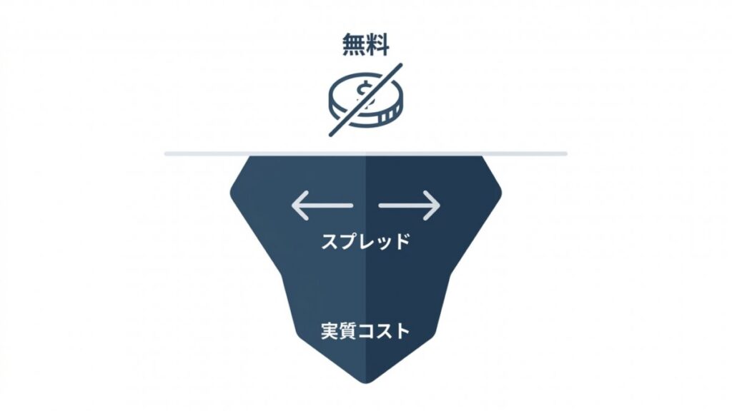 無料表示の下にスプレッドと実質コストが隠れる構造を示す図解