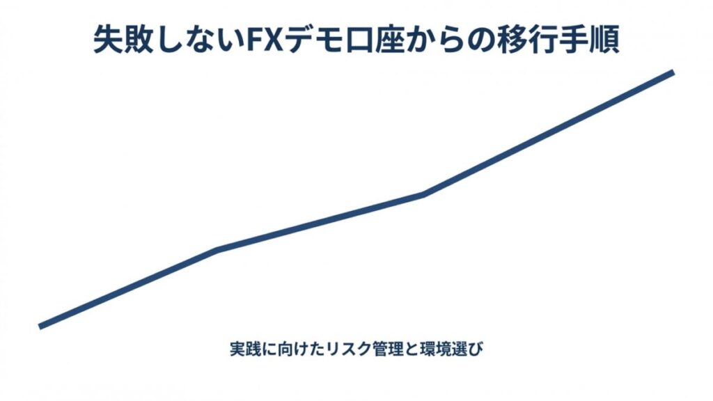 FXデモ口座から本番取引へ移行する手順とリスク管理を上昇線で示すタイトル図